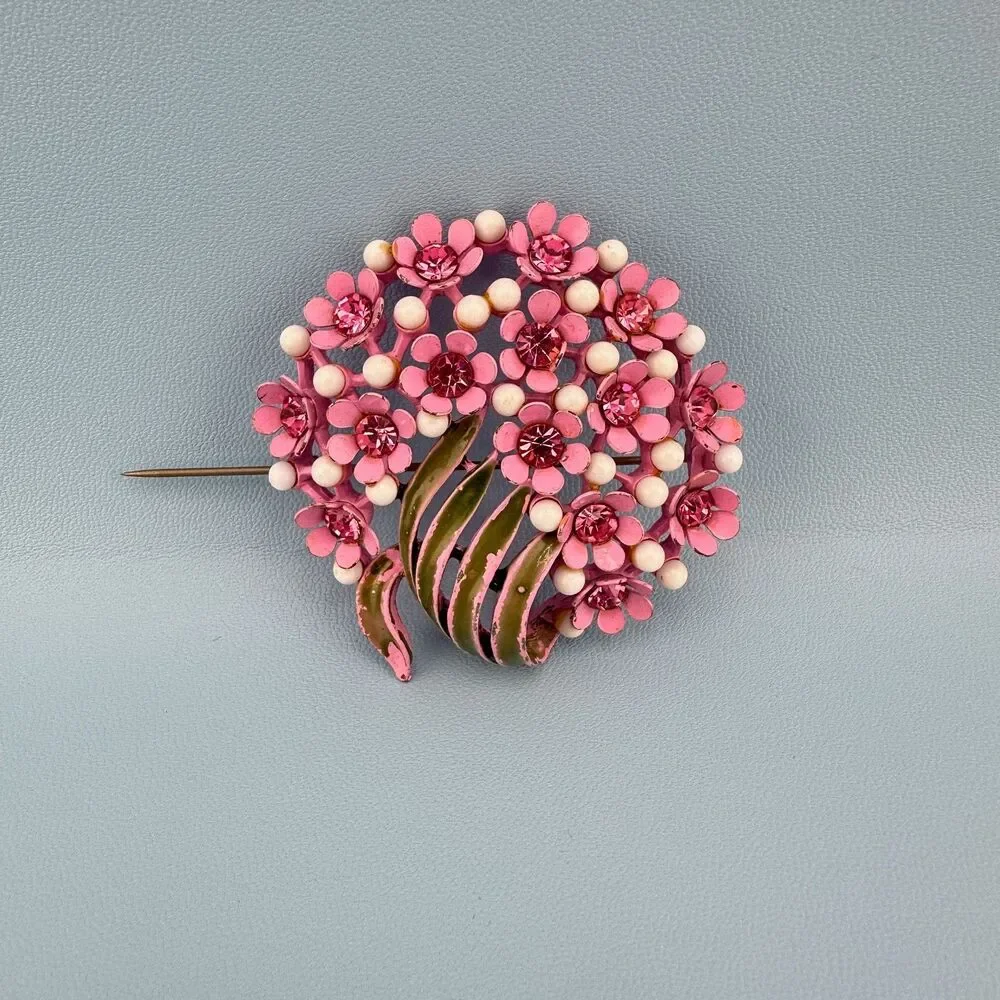 Vintage Rhinestone Flower Brooch Pink Japanned Enamel Floral Spray Bouquet 2